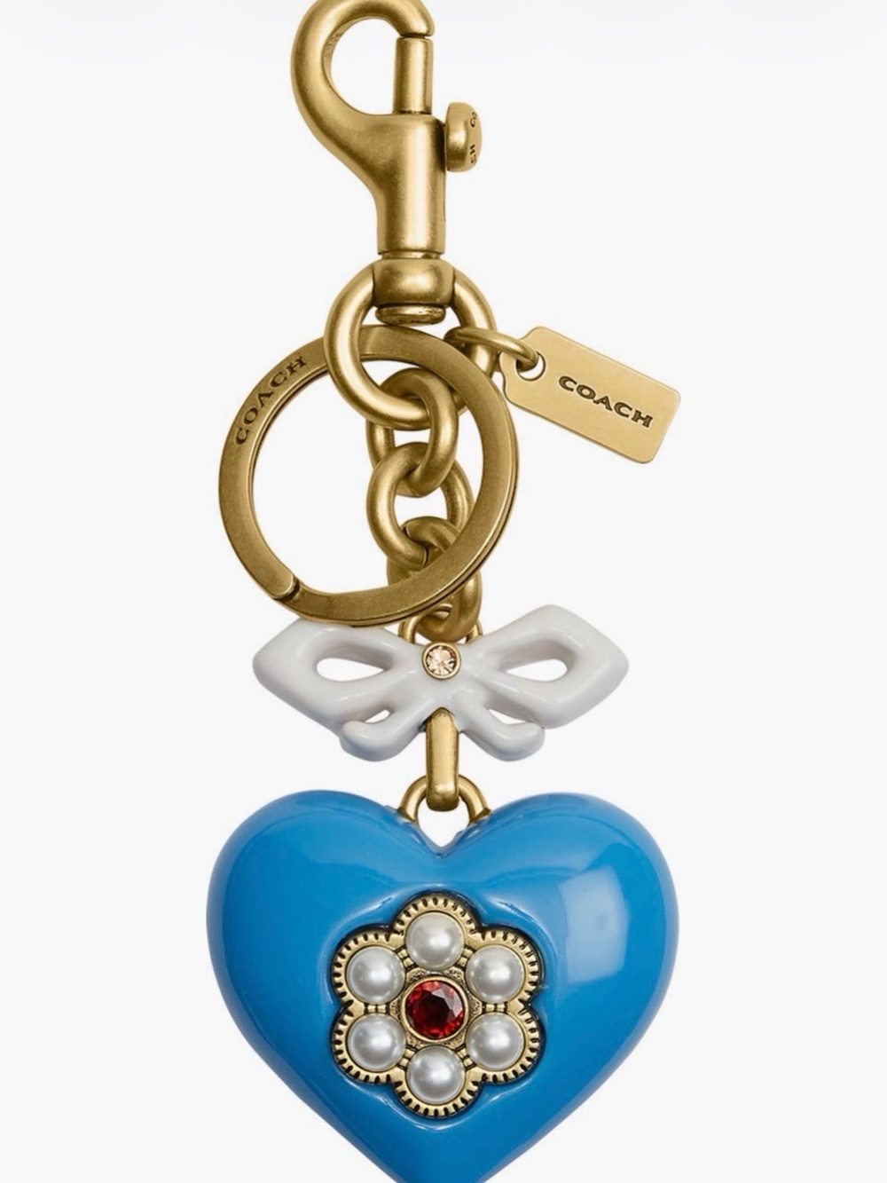 Coach Blue Heart Key Charm with White Bow & Gold Hardware